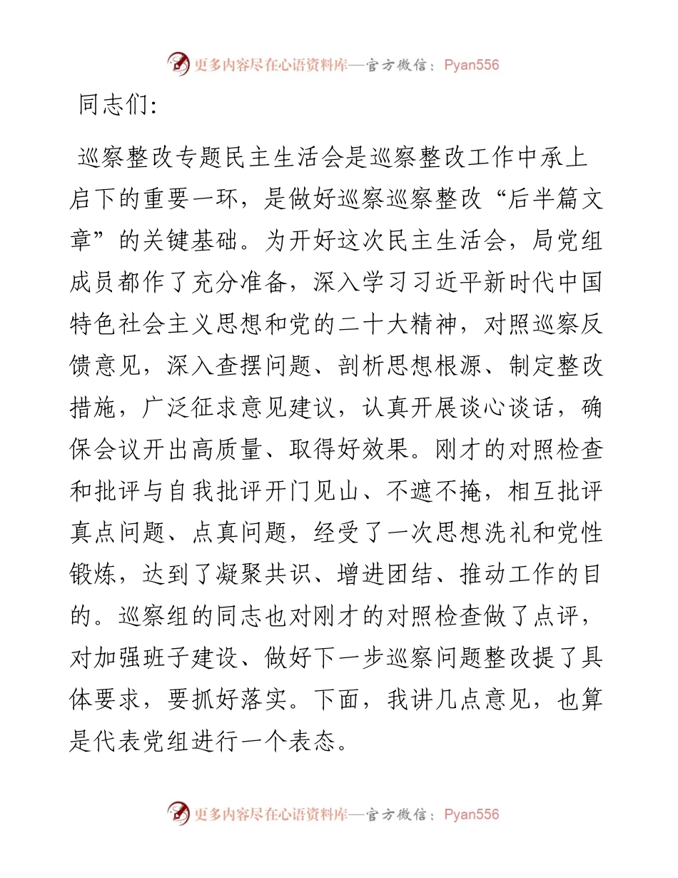 在巡察整改专题民主生活会上的讲话提纲.docx_第1页