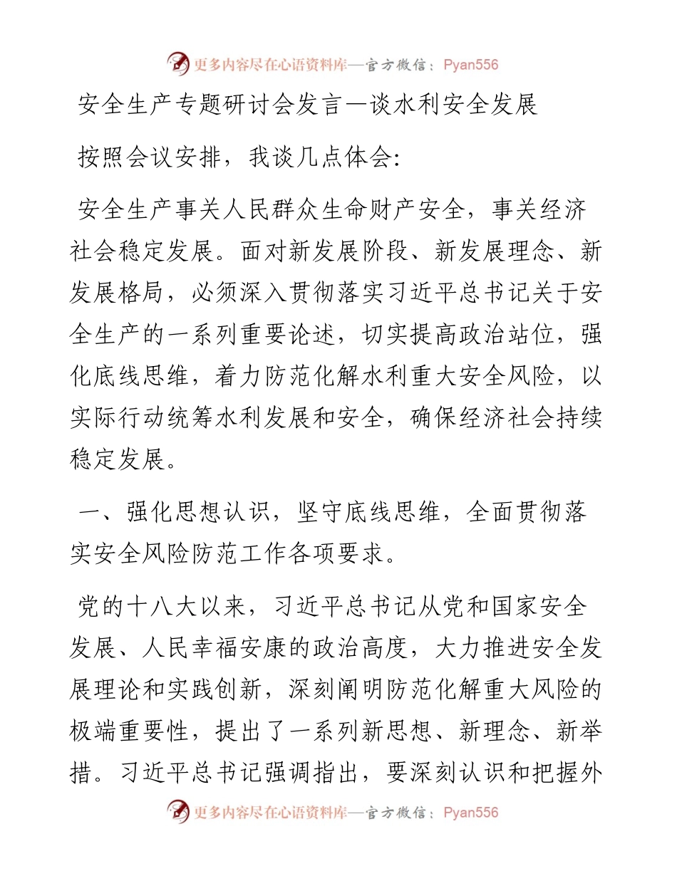 安全生产专题研讨会发言—谈水利安全发展(1).docx_第1页