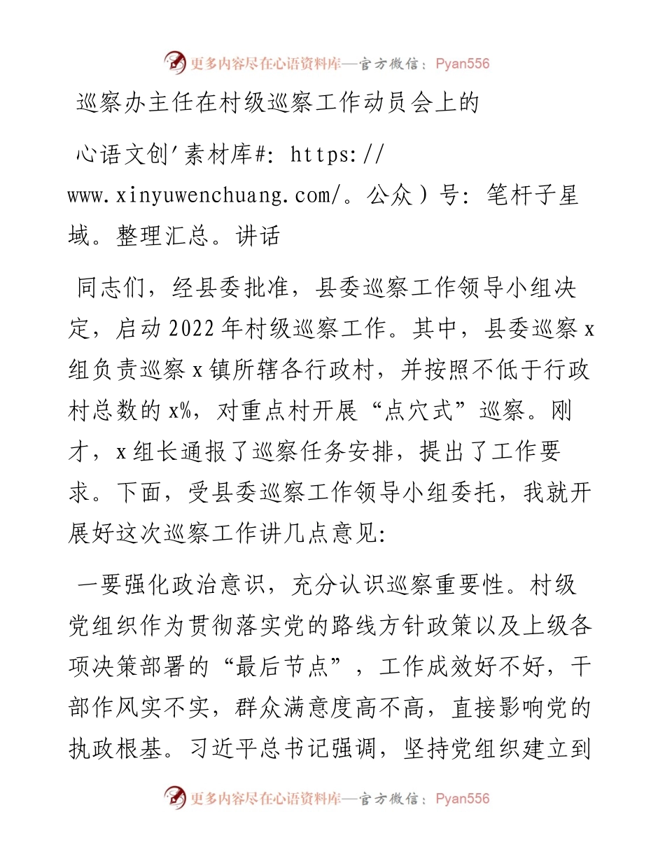 巡察办主任在村级巡察工作动员会上的讲话.docx_第1页
