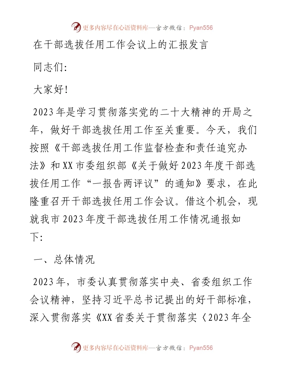 在干部选拔任用工作会议上的汇报发言提纲.docx_第1页