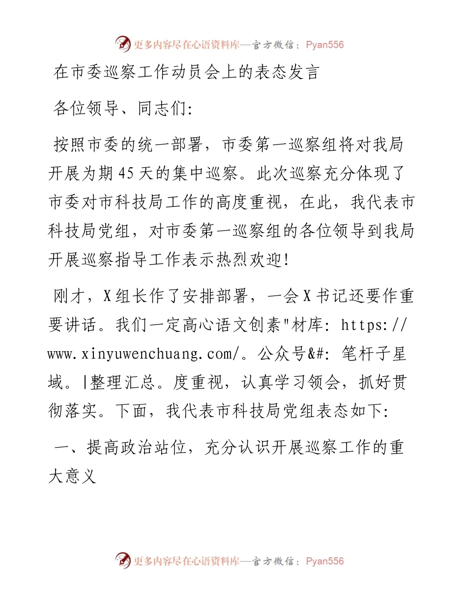 在市委巡察工作动员会上的表态发言.docx_第1页