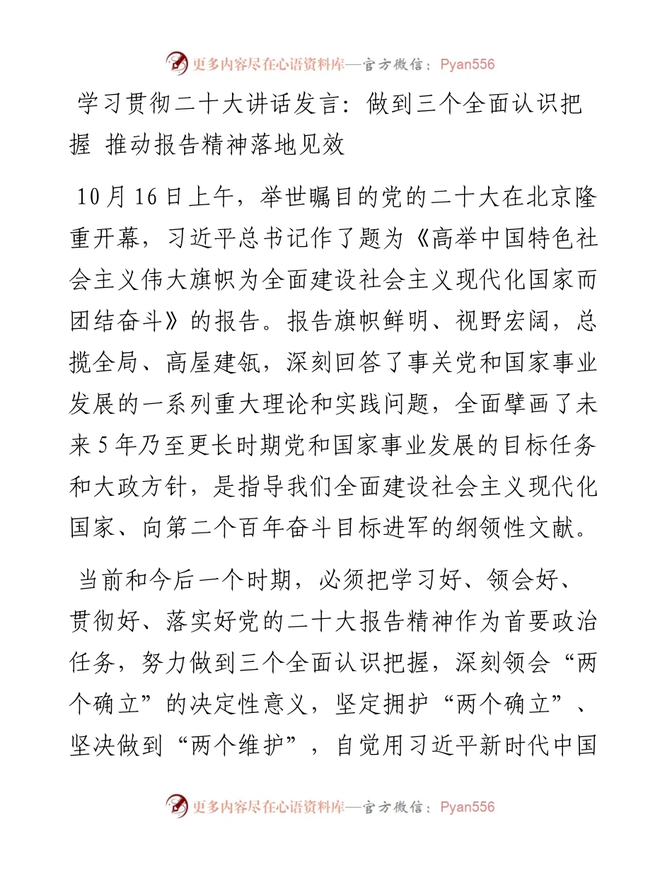 学习贯彻二十大讲话发言：做到三个全面认识把握+推动报告精神落地见效.docx_第1页