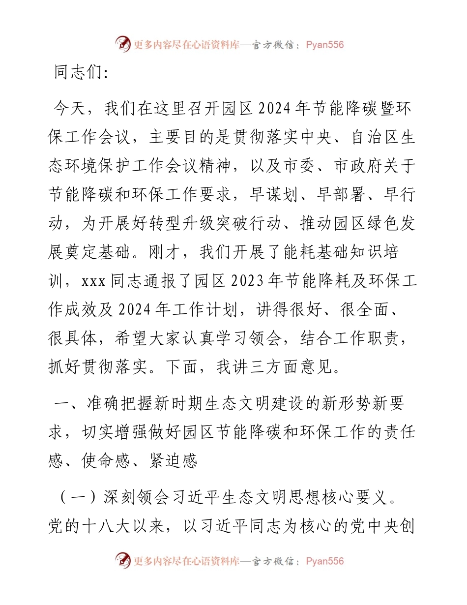在园区2024年节能降碳暨环保工作会议上的讲话.docx_第1页