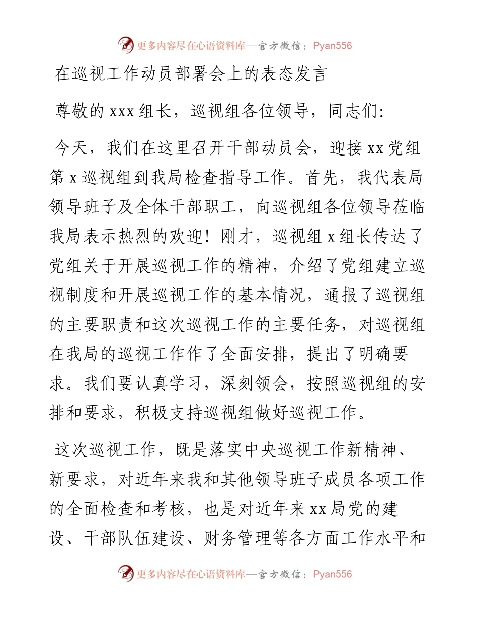 在巡视工作动员部署会上的表态发言.docx_第1页