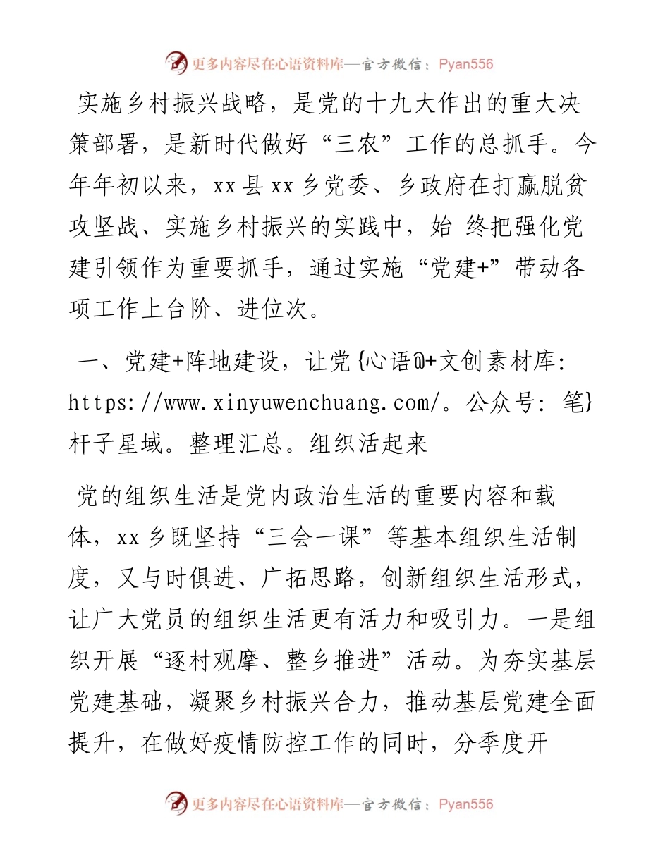 工作汇报：党建引领跑出乡村振兴加速度.docx_第1页