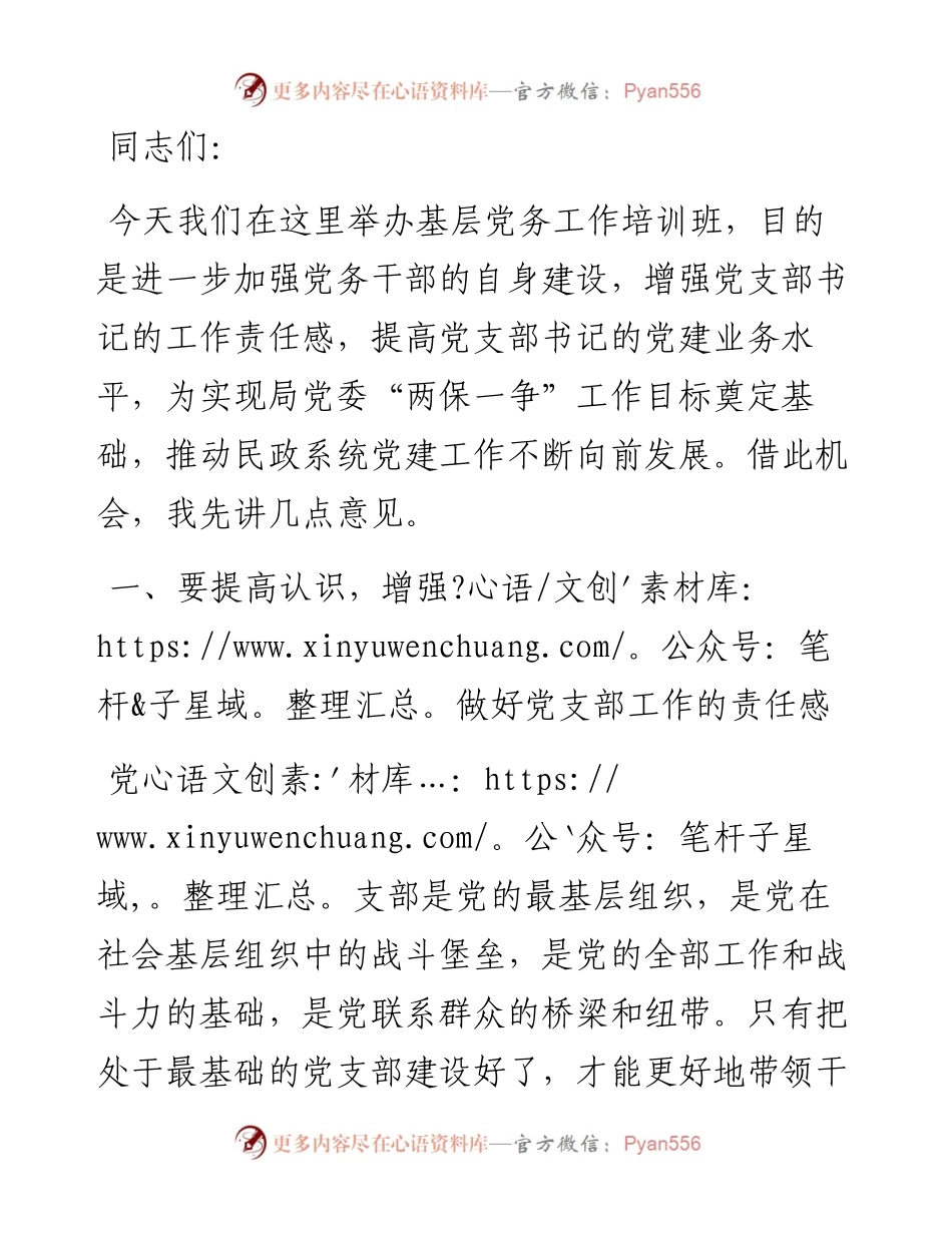 在市民政系统基层党务工作培训班上的动员讲话.docx_第1页