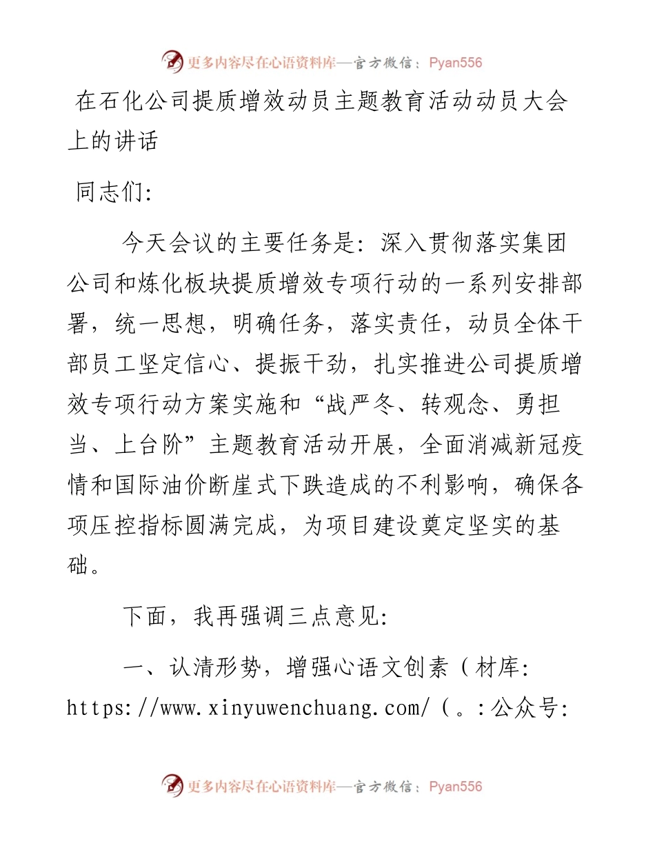 在石化公司提质增效动员主题教育活动动员大会上的讲话.docx_第1页