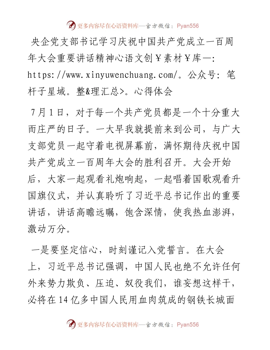 央企党支部书记学习庆祝中国共产党成立一百周年大会重要讲话精神心得体会.docx_第1页