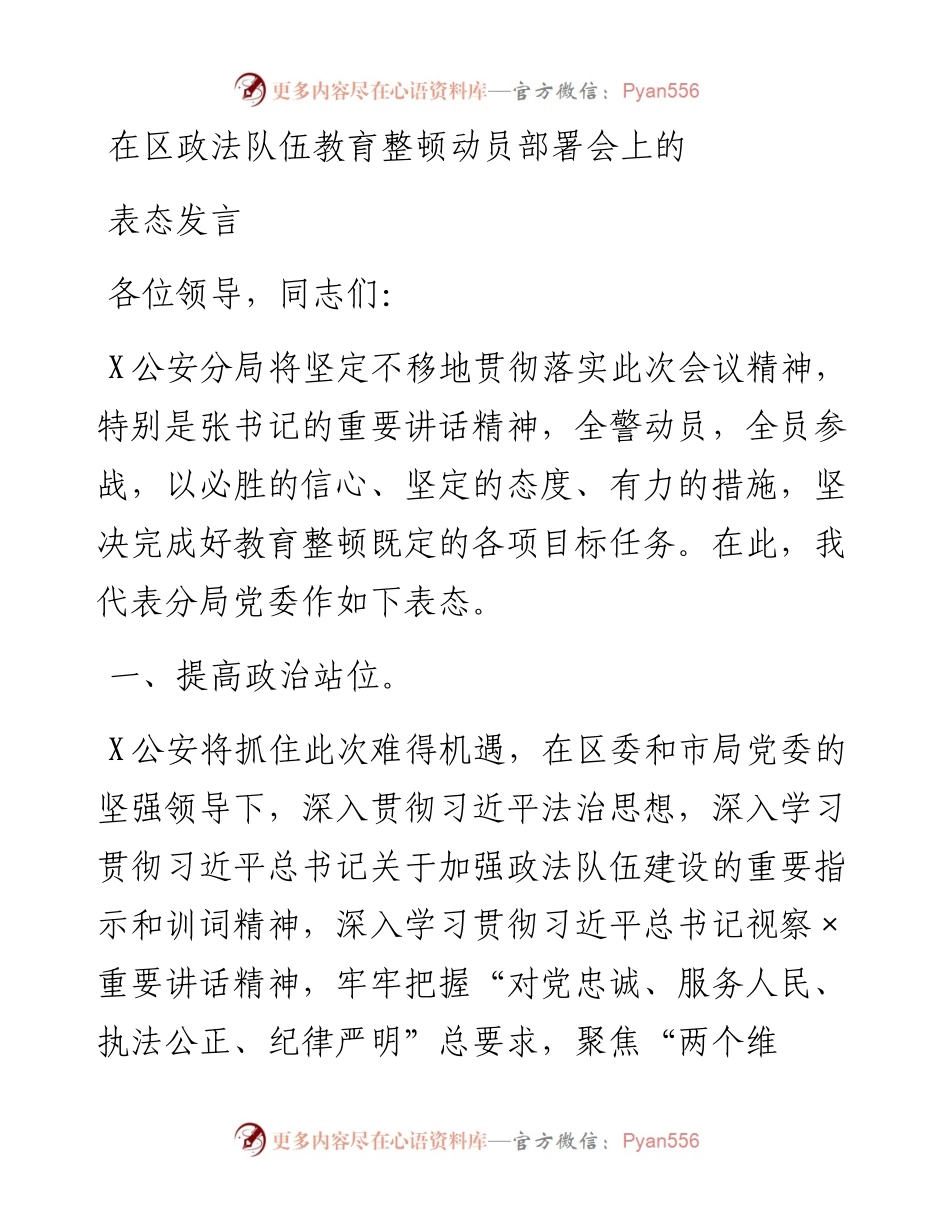在区政法队伍教育整顿动员部署会上的表态发言.docx_第1页