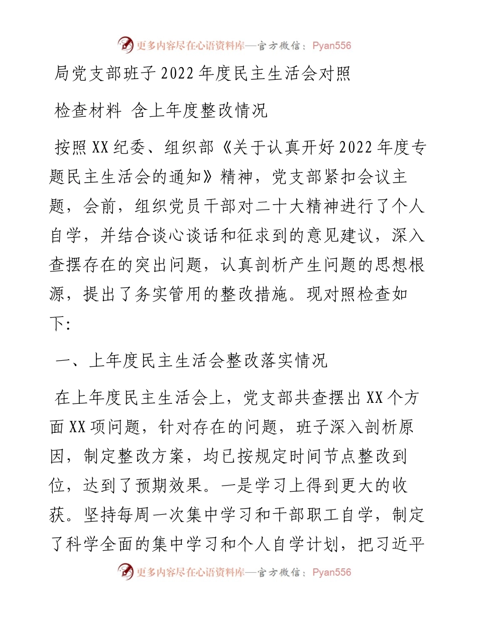 局党支部班子度民主生活会对照检查材料---含上年度整改情况.docx_第1页