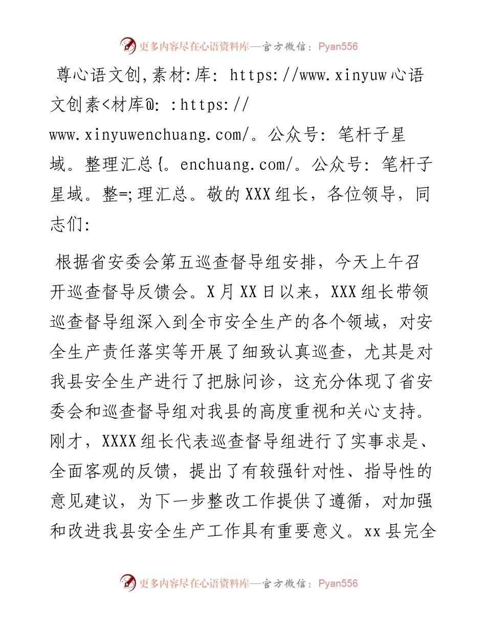 在安全生产巡查督导反馈会上的表态发言.docx_第1页