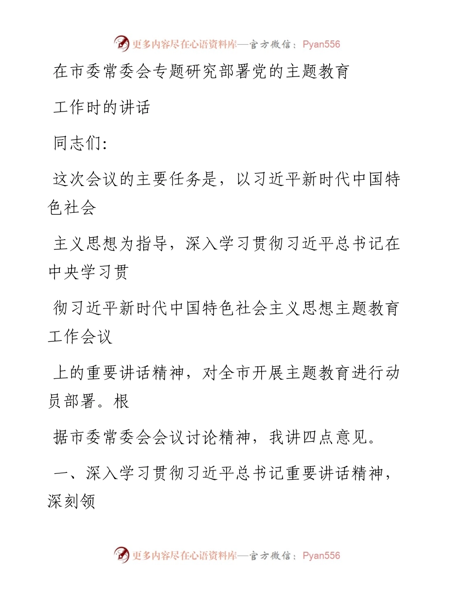 在市委常委会专题研究部署党的主题教育工作时的讲话.docx_第1页