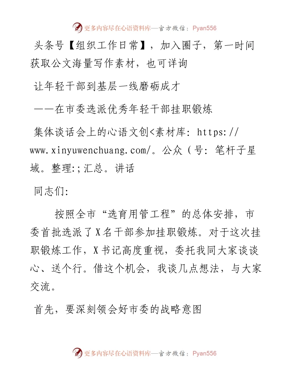 在市委选派优秀年轻干部挂职锻炼集体谈话会上的讲话（范文）.docx_第1页