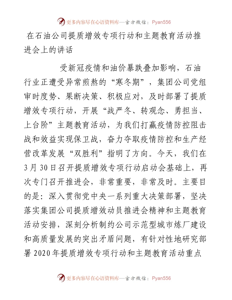 在石油公司提质增效专项行动和主题教育活动推进会上的讲话.docx_第1页