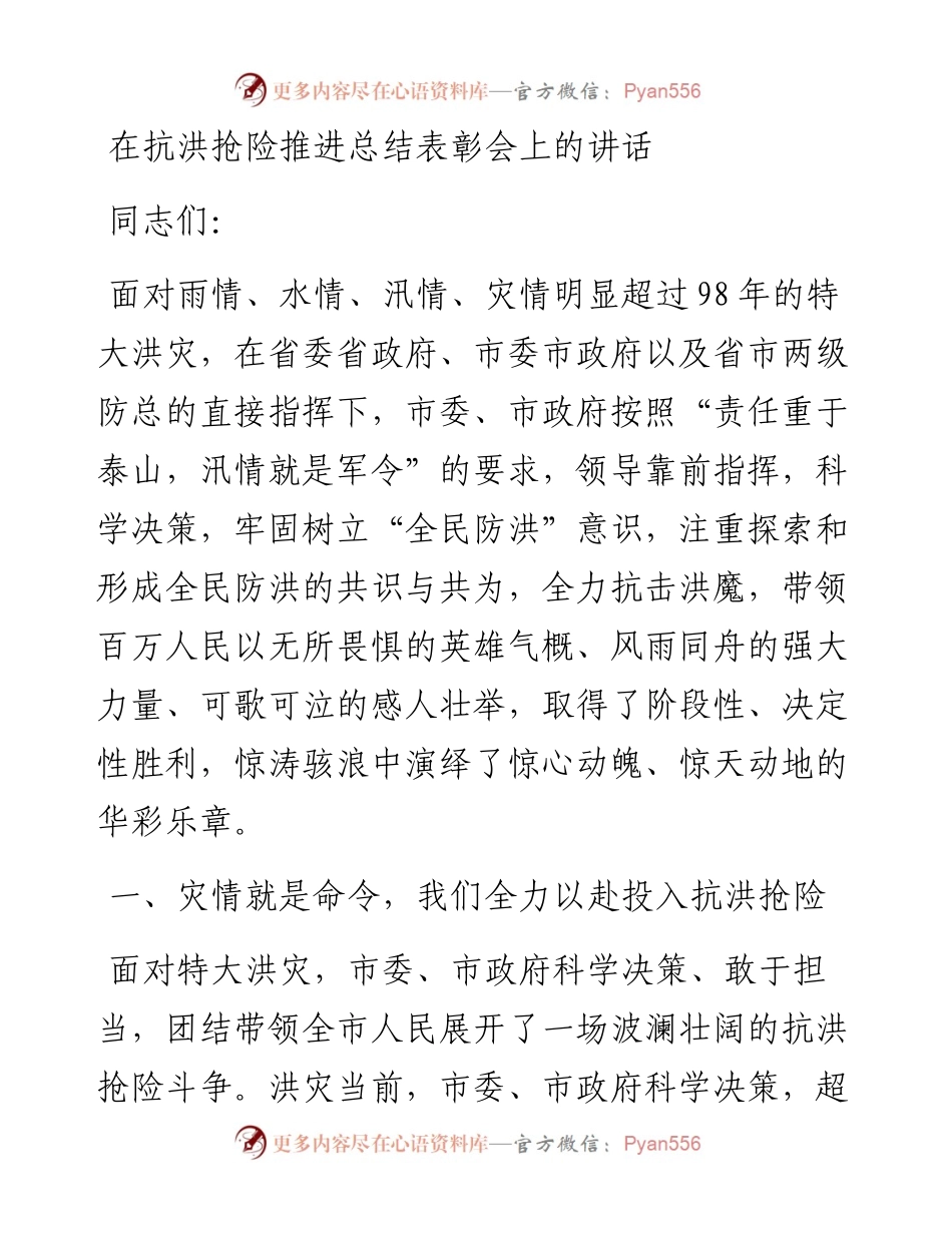 在抗洪抢险推进总结表彰会上的讲话.docx_第1页