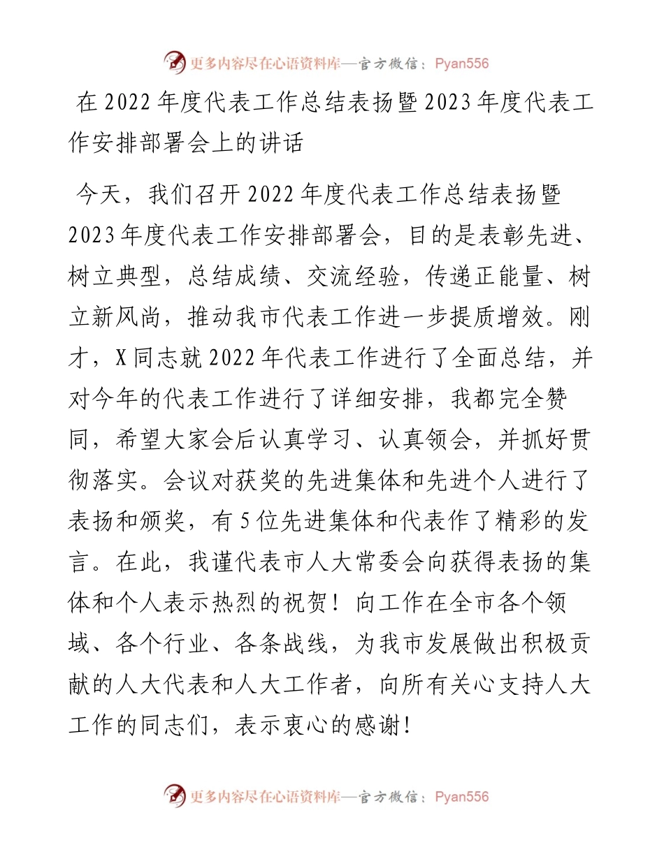 在度代表工作总结表扬暨2023年度代表工作安排部署会上的讲话.docx_第1页