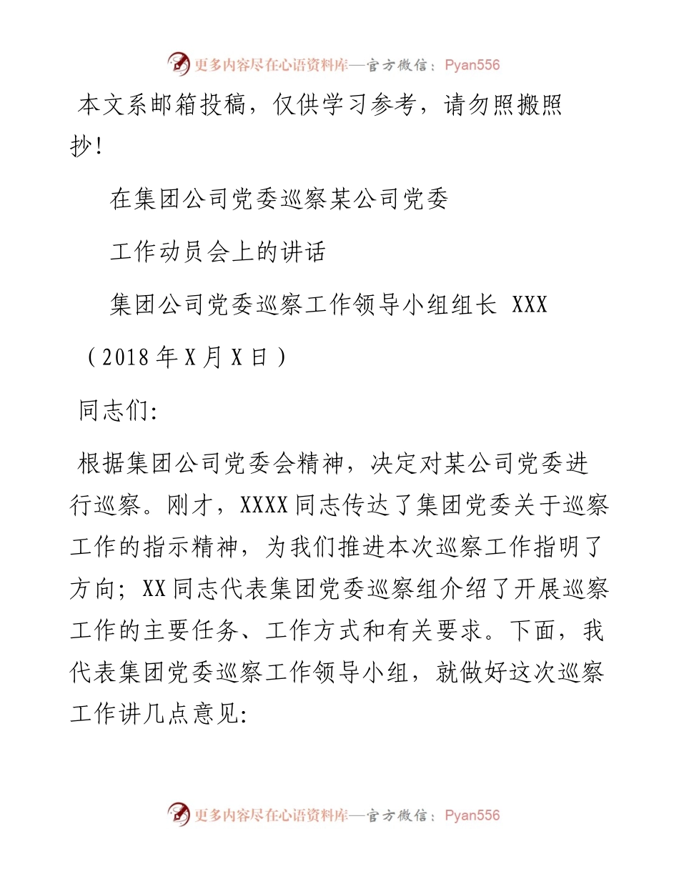 在集团公司党委巡察分公司党委工作动员会上的讲话（范文）_4.docx_第1页