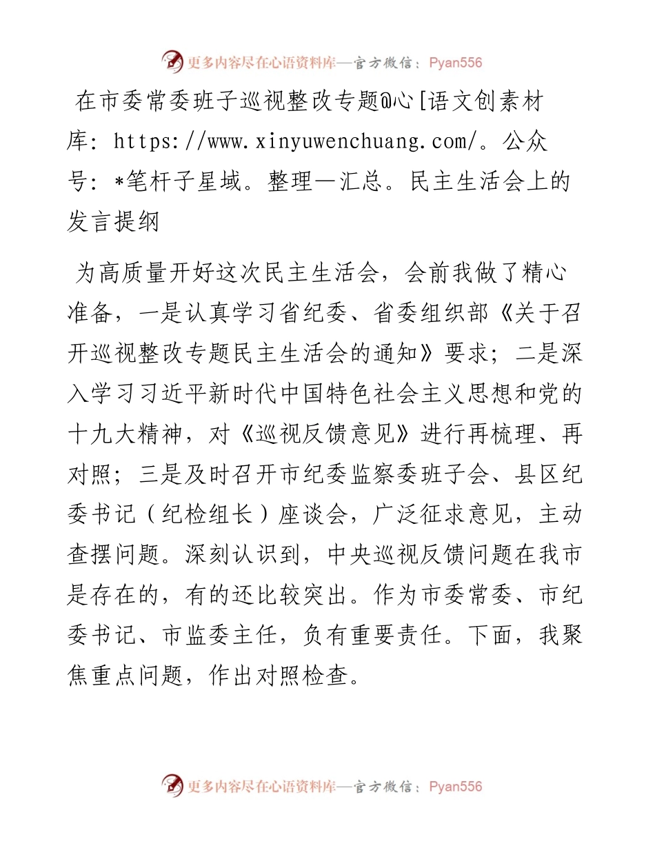 在市委常委班子巡视整改专题民主生活会上的发言提纲1.docx_第1页