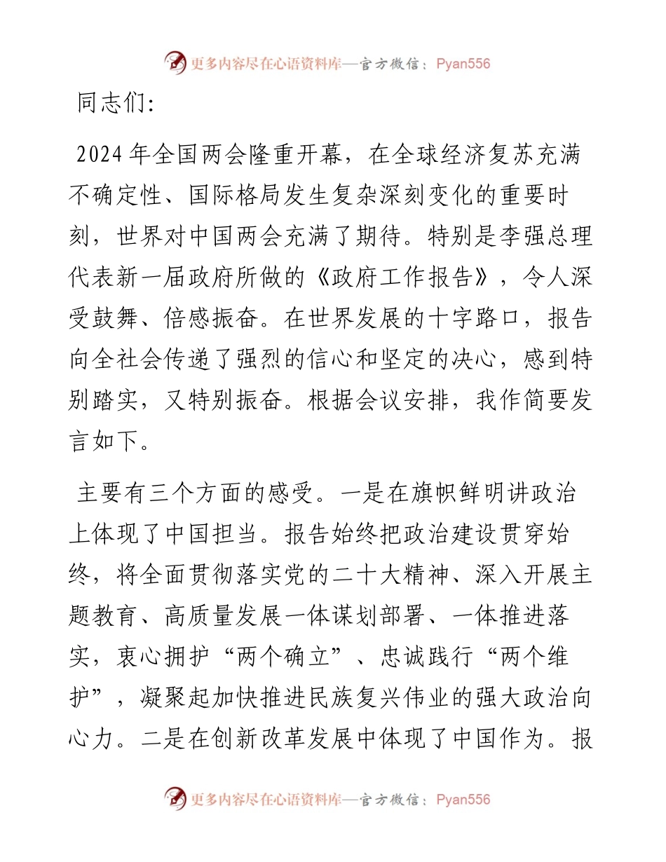 在学习贯彻2024年全国“两会精神”研讨会上的发言提纲.docx_第1页