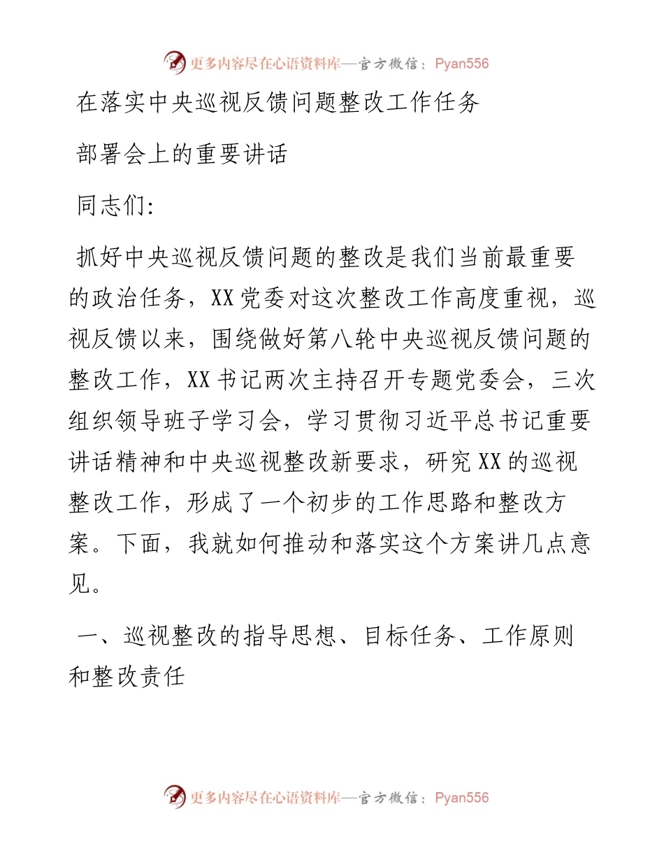 在落实中央巡视反馈问题整改工作任务部署会上的重要讲话.docx_第1页