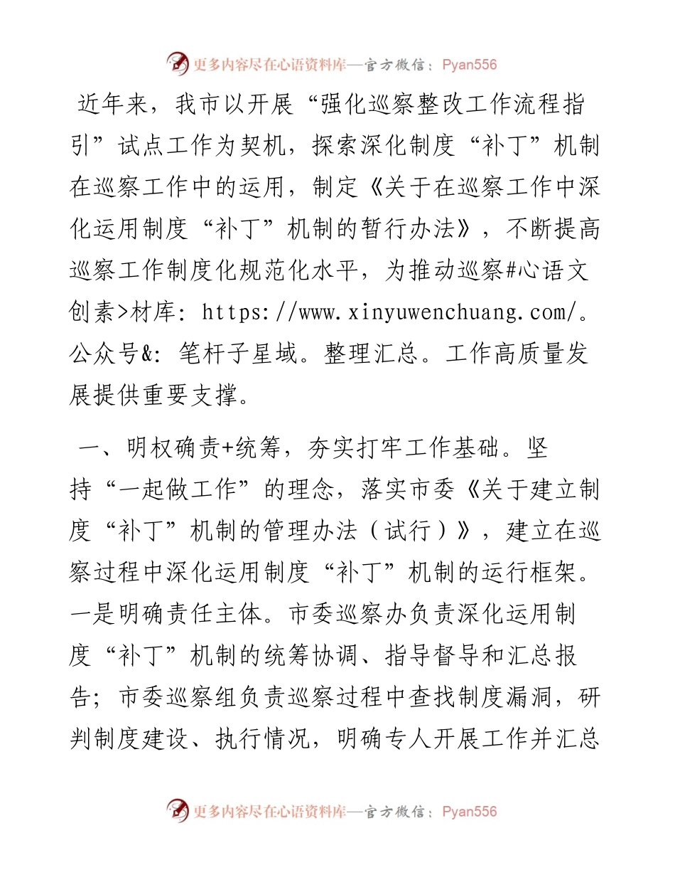 在巡视巡察工作会议上的交流发言：深化运用制度“补丁”机制，把巡察利剑磨得更光更亮.docx_第1页