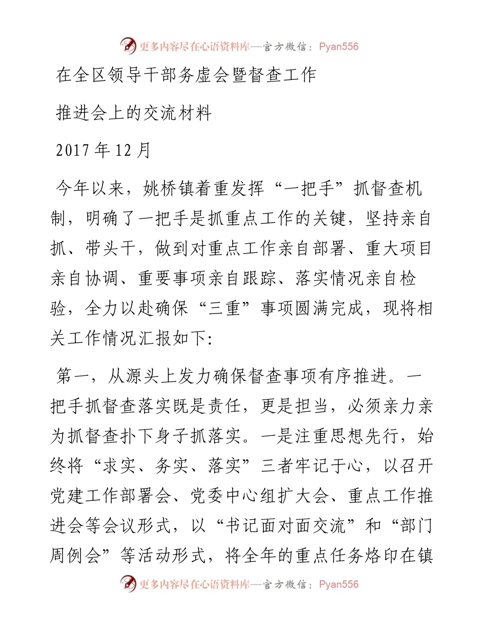 在领导干部务虚会暨督查工作推进会上的交流材料.docx_第1页