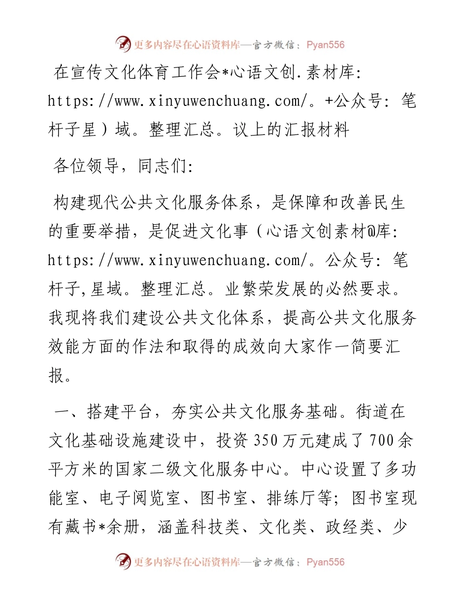在宣传文化体育工作会议上的汇报材料.docx_第1页