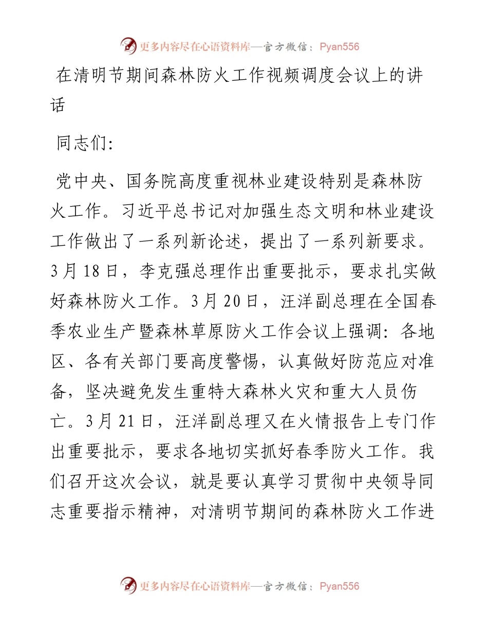 在清明节期间森林防火工作视频调度会议上的讲话.docx_第1页
