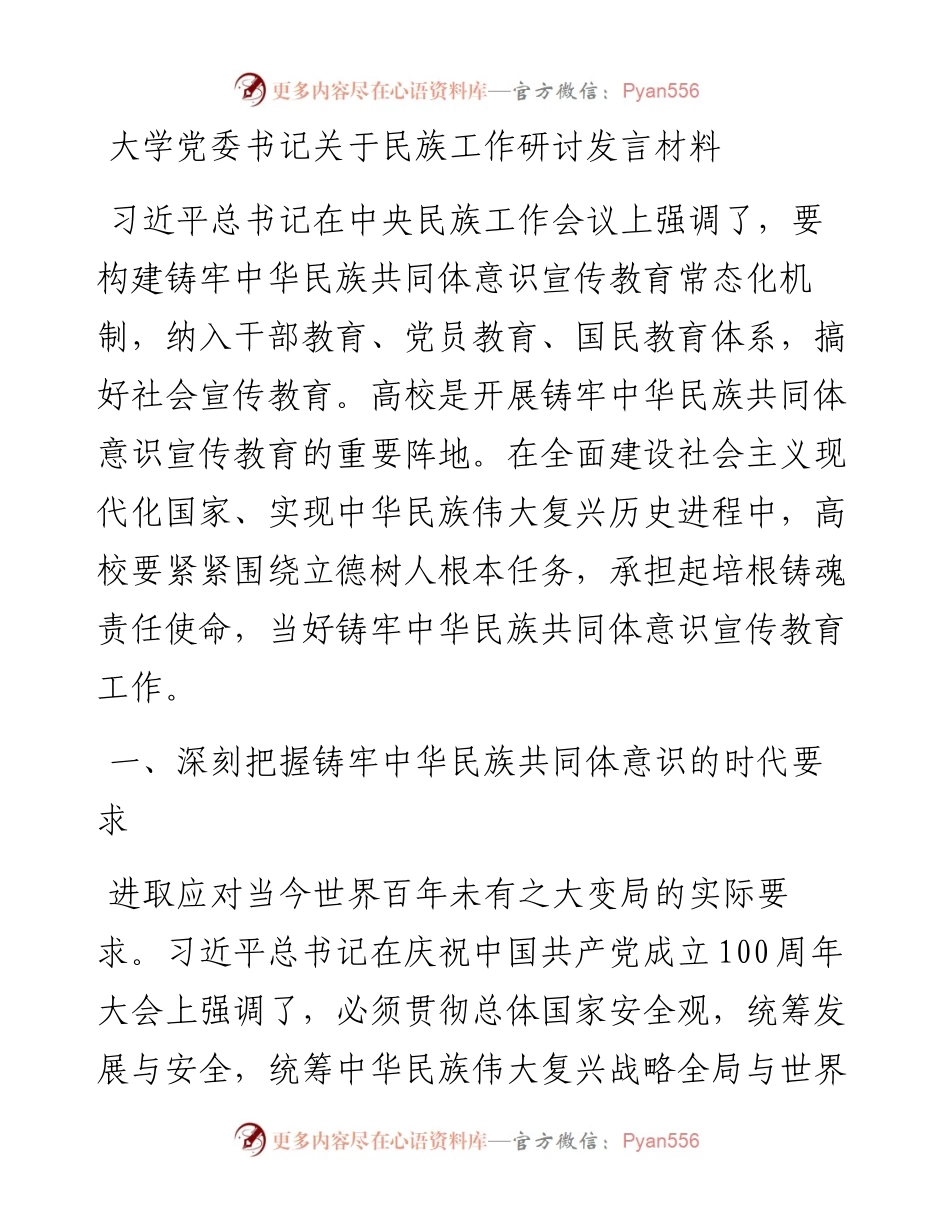 大学党委书记关于民族工作研讨发言材料.docx_第1页
