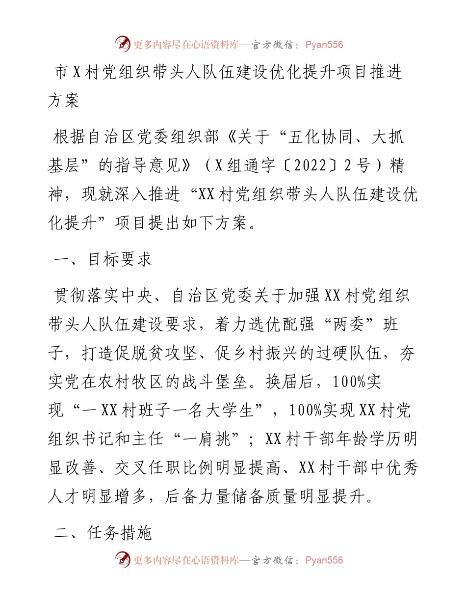市X村党组织带头人队伍建设优化提升项目推进方案.docx_第1页