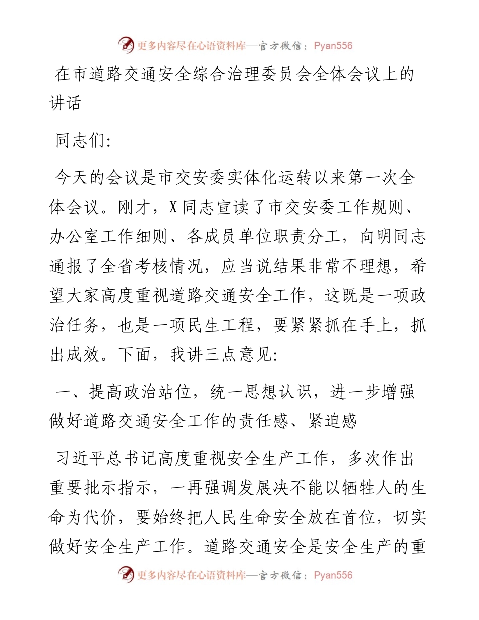 在市道路交通安全综合治理委员会全体会议上的讲话.docx_第1页