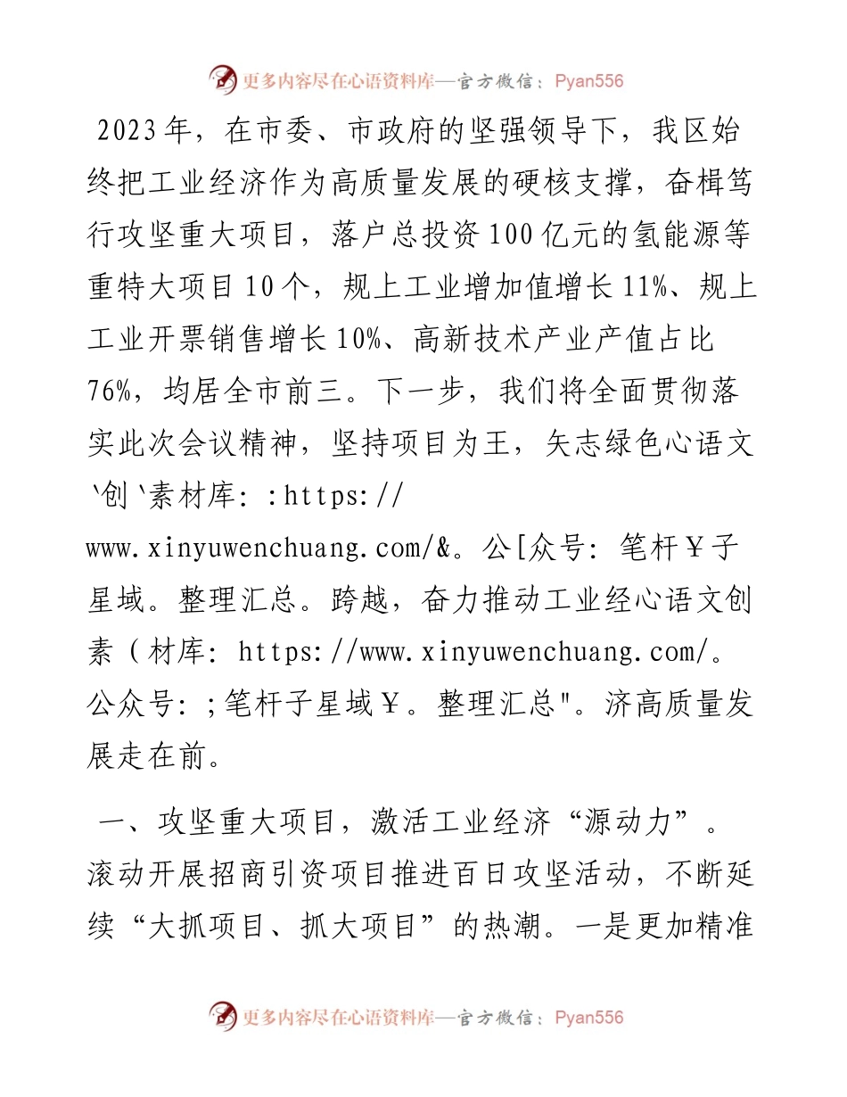 工业经济高质量发展大会发言提纲：坚持项目为王 矢志绿色跨越.docx_第1页
