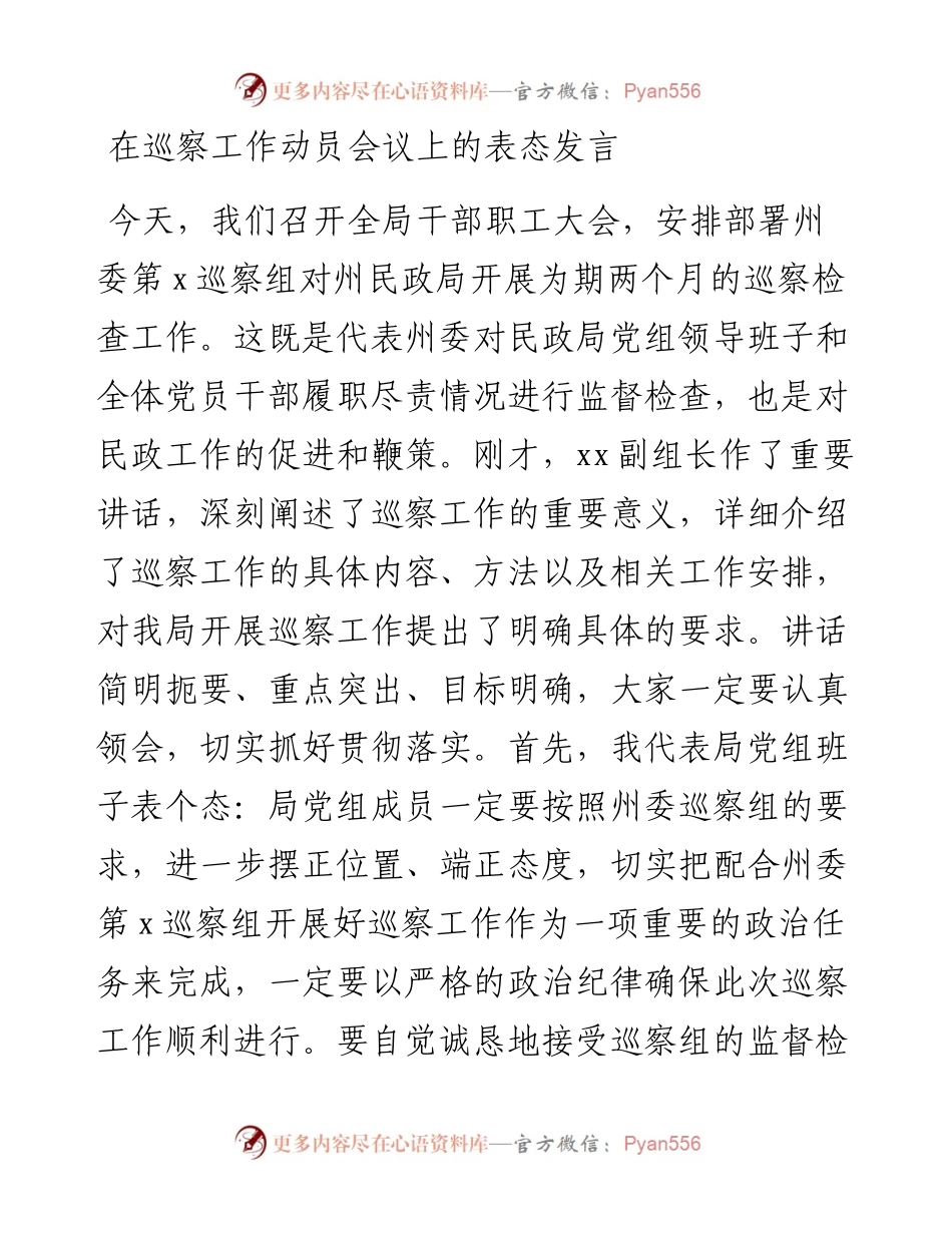 在巡察工作动员会议上的表态发言.docx_第1页
