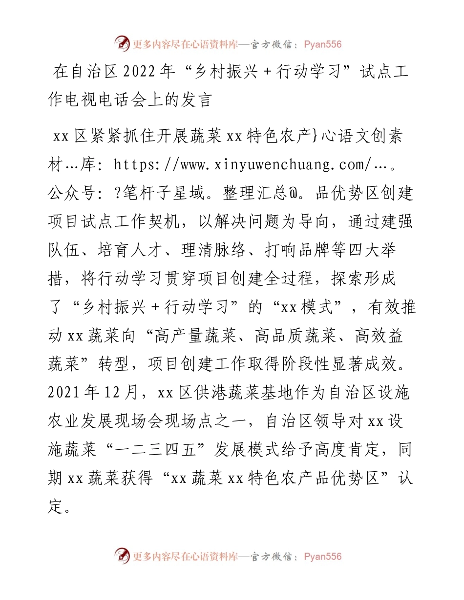 在自治区202X年“乡村振兴＋行动学习”试点工作电视电话会上的发言.docx_第1页