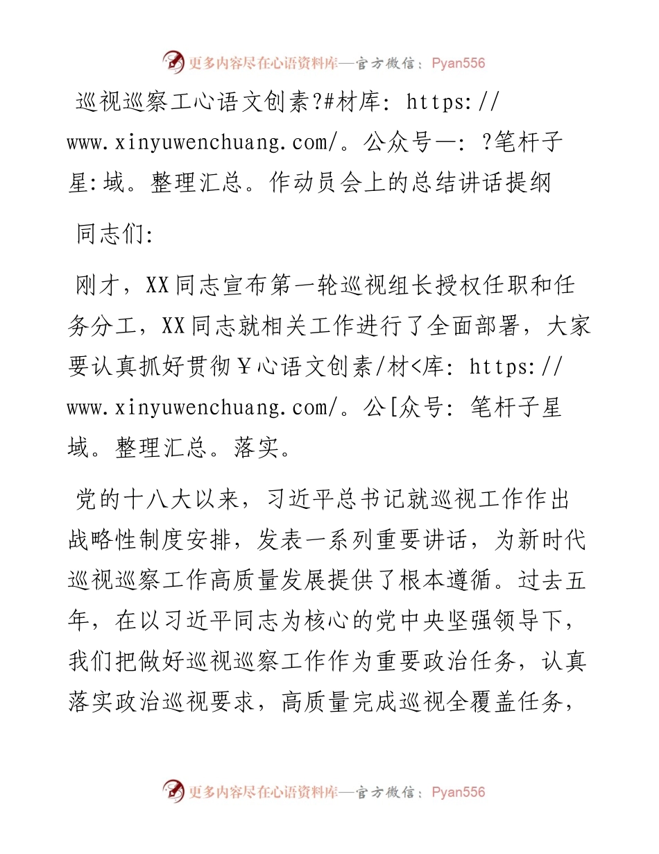 巡视巡察工作动员会上的总结讲话提纲.docx_第1页