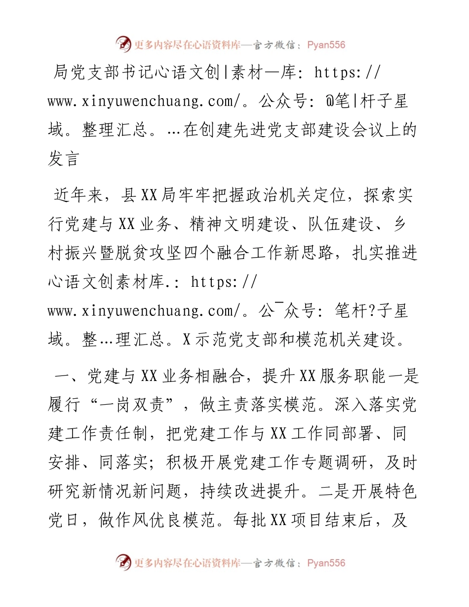 局党支部书记在创建先进党支部建设会议上的发言(1).docx_第1页