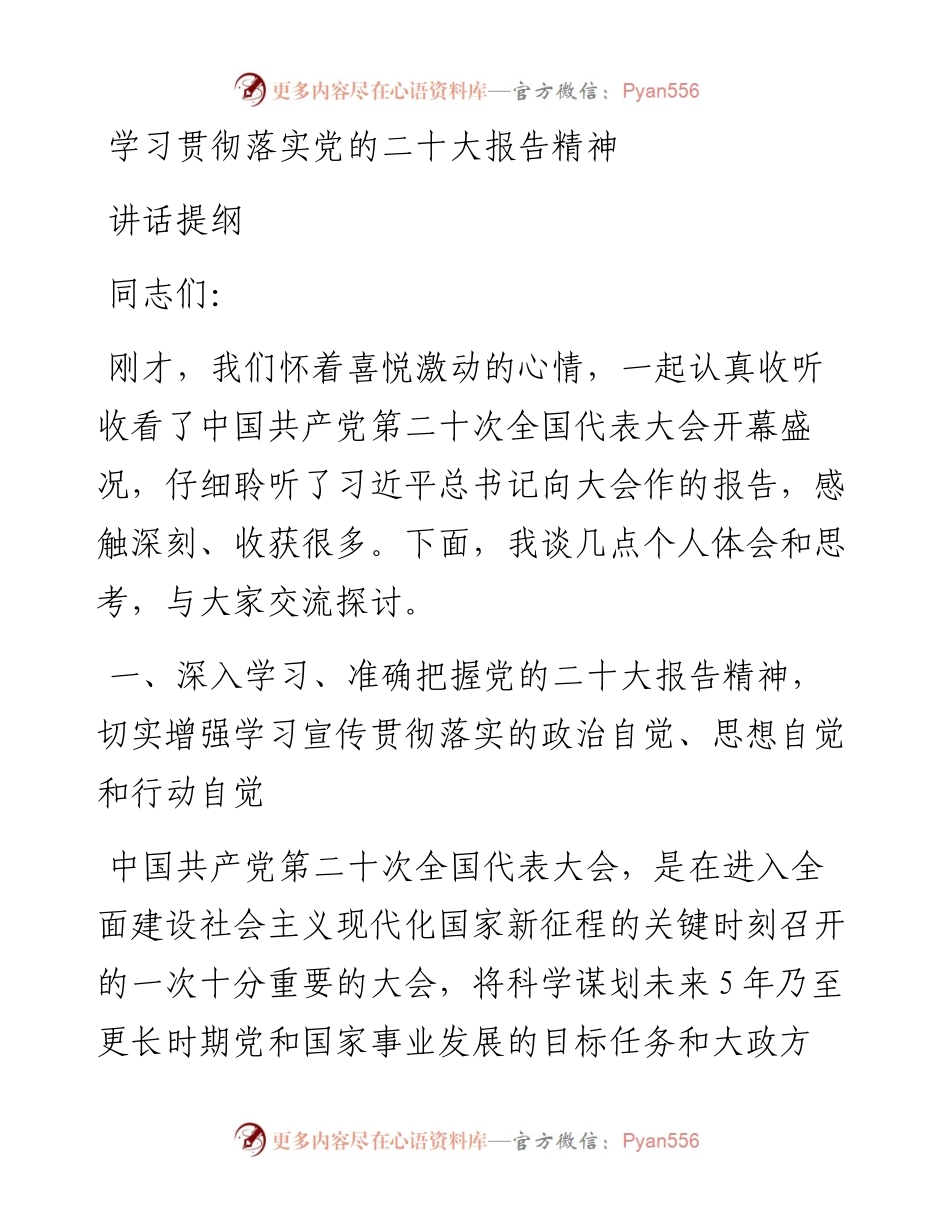 学习贯彻落实党的二十大报告精神讲话提纲.docx_第1页