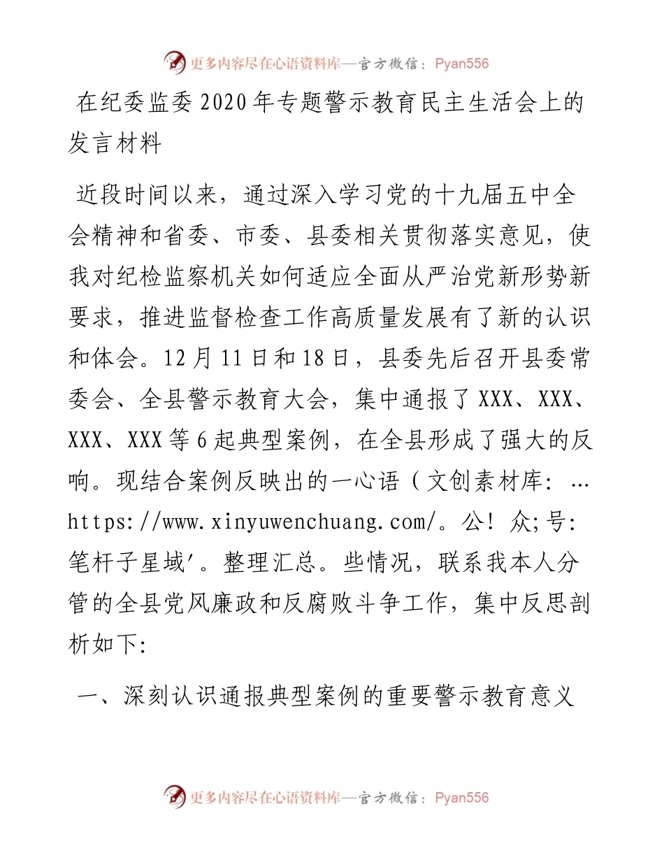 在纪委监委专题警示教育民主生活会上的发言材料.docx_第1页