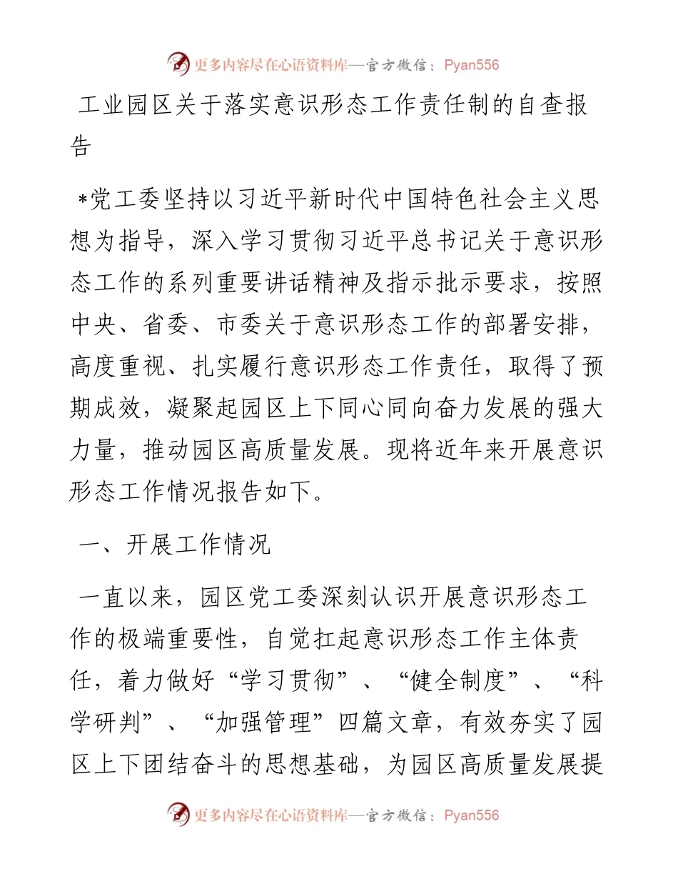 工业园区关于落实意识形态工作责任制的自查报告.docx_第1页