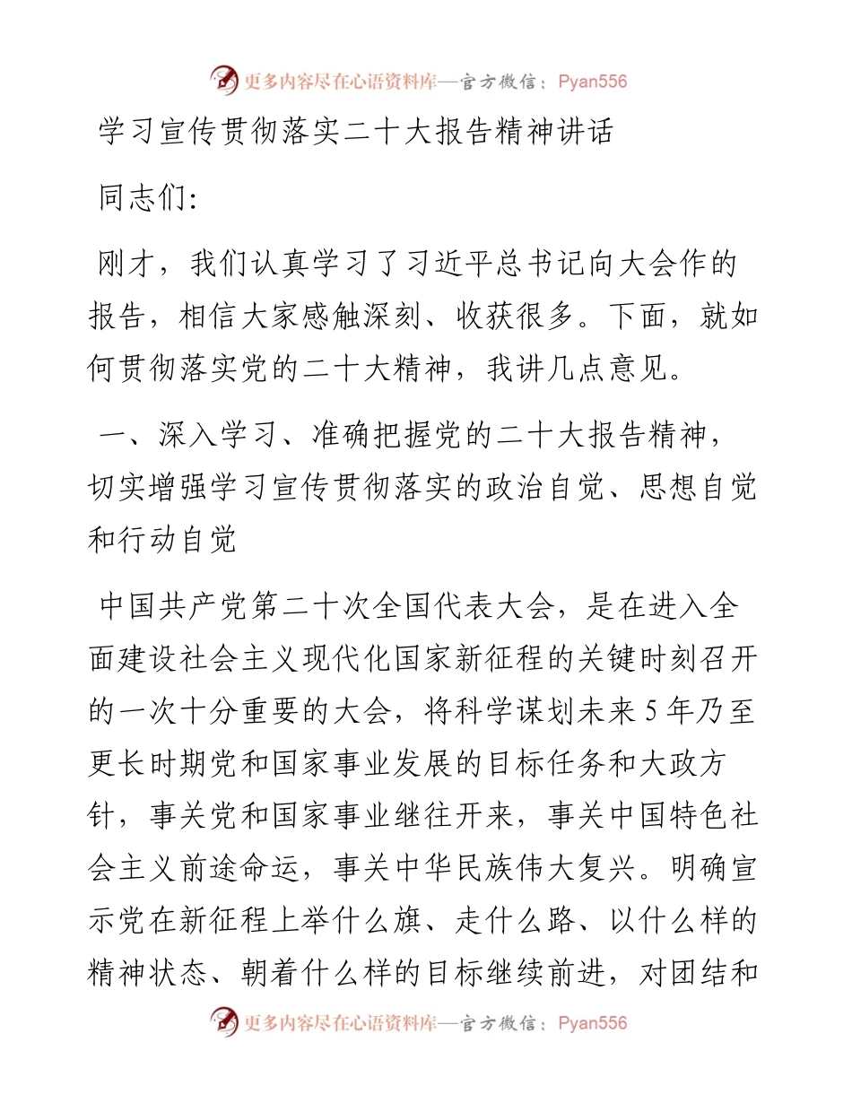 学习宣传贯彻落实二十大报告精神讲话.docx_第1页