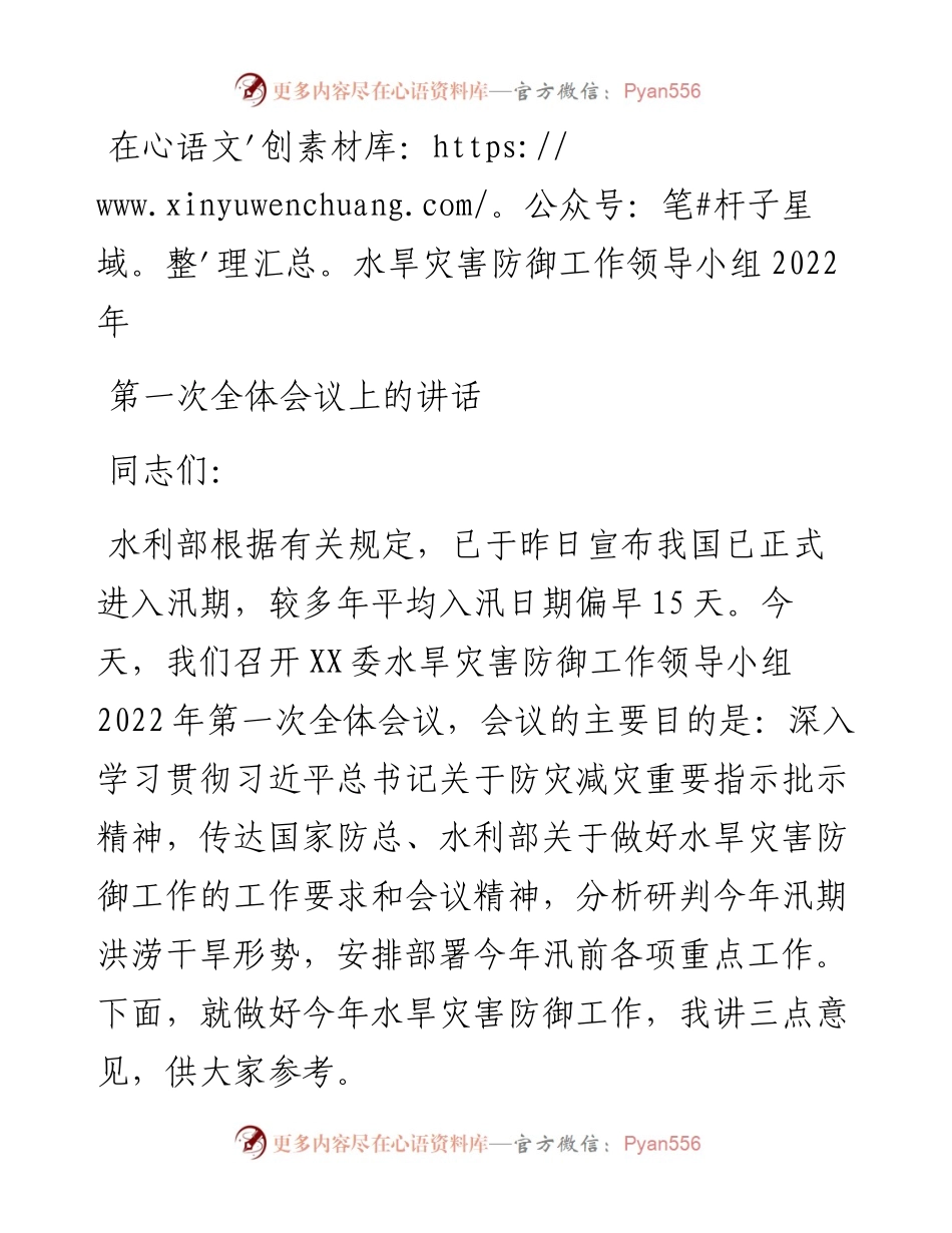 在水旱灾害防御工作领导小组第一次全体会议上的讲话.docx_第1页