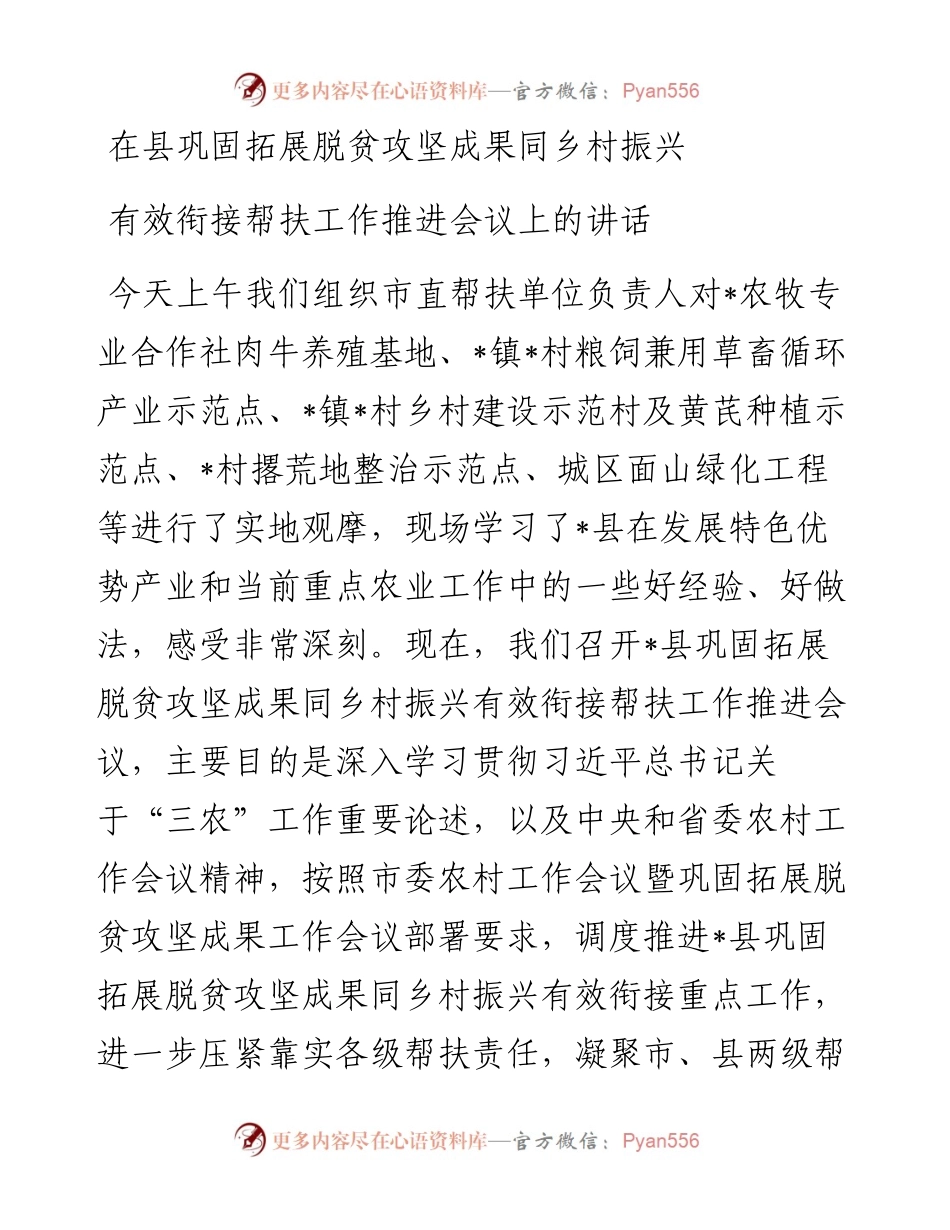 在县巩固拓展脱贫攻坚成果同乡村振兴有效衔接帮扶工作推进会议上的讲话.docx_第1页