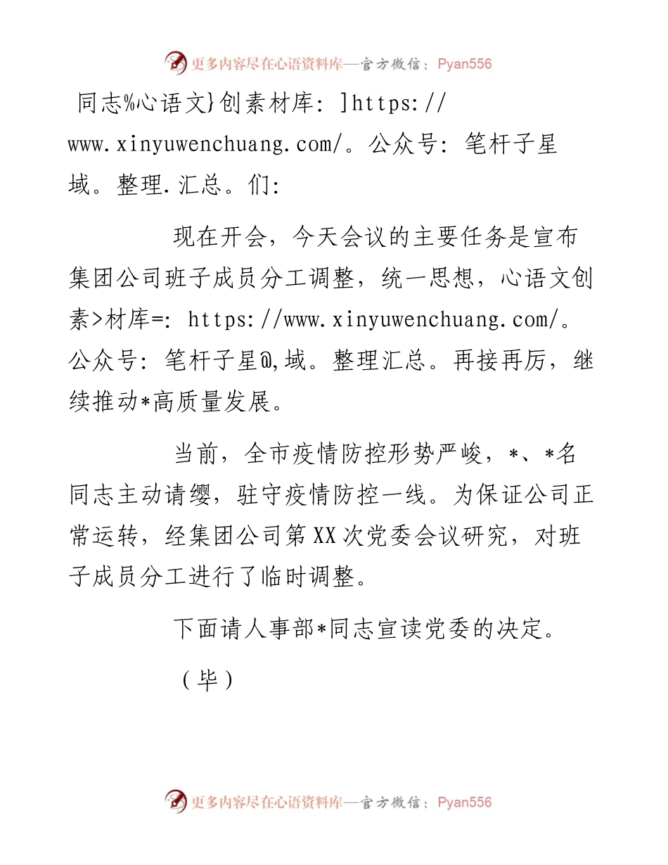 在集团公司班子成员分工调整会议上的主持讲话.docx_第1页