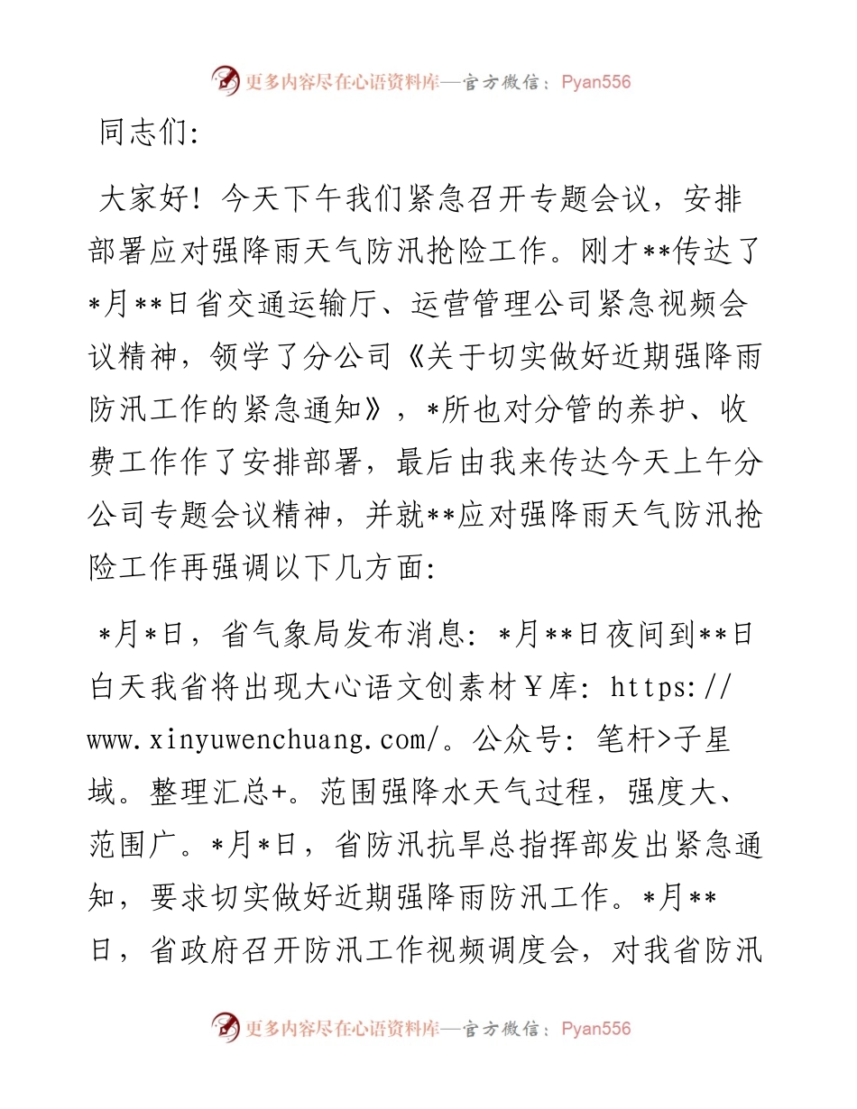 在应对强降雨天气防汛抢险专题会议上的讲话.docx_第1页