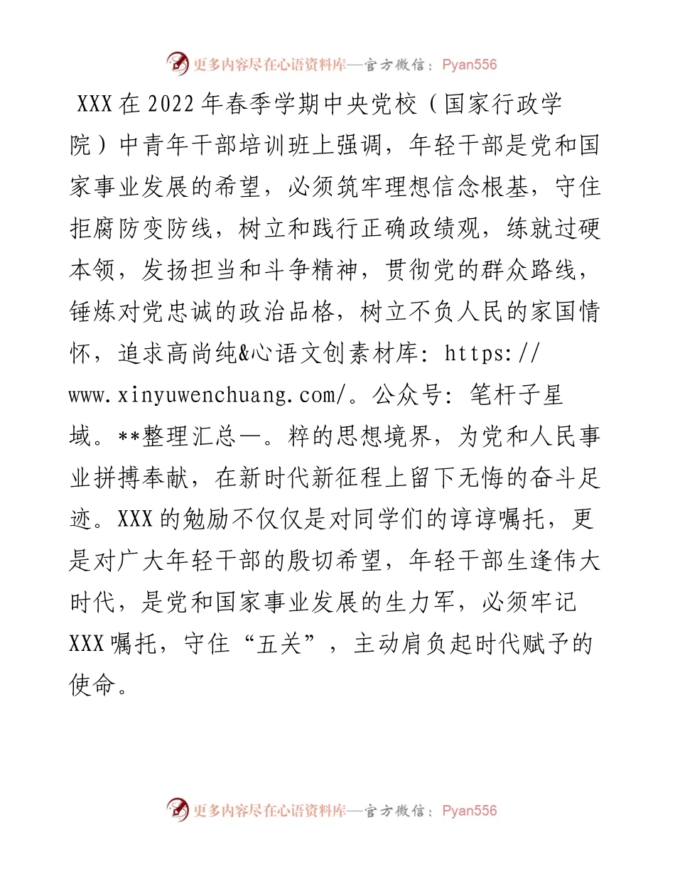 学习中青班讲话心得体会：年轻干部守好“五关”肩负起时代的使命.docx_第1页