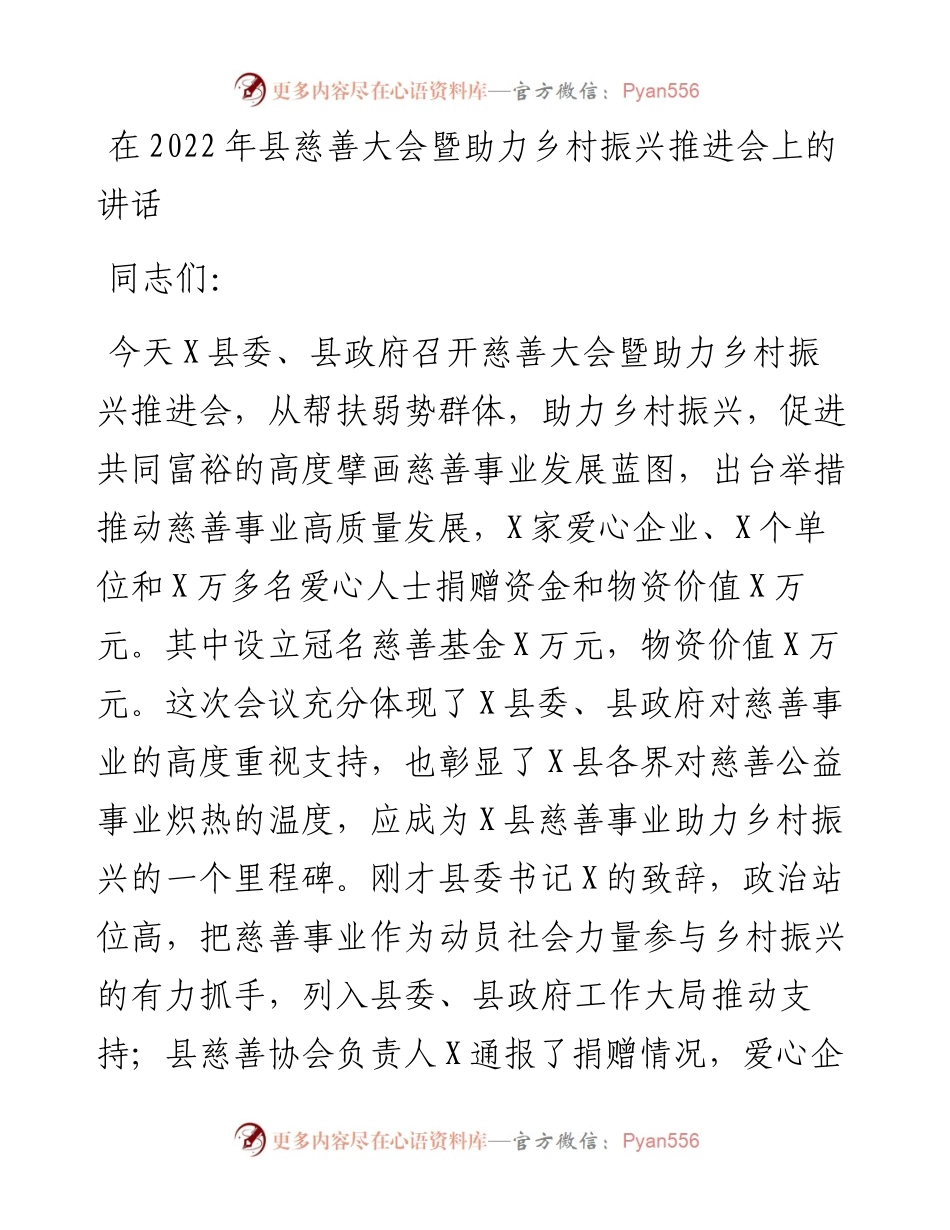 在县慈善大会暨助力乡村振兴推进会上的讲话.docx_第1页