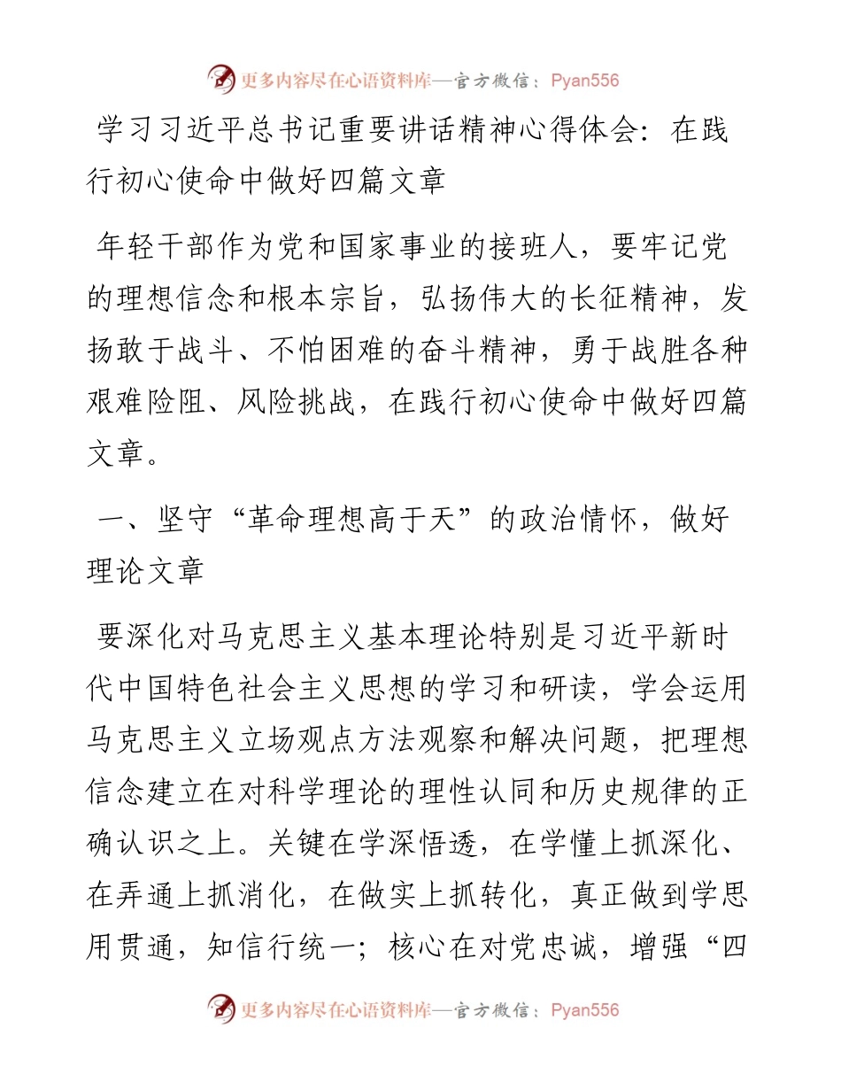 学习习近平总书记重要讲话精神心得体会：在践行初心使命中做好四篇文章.docx_第1页