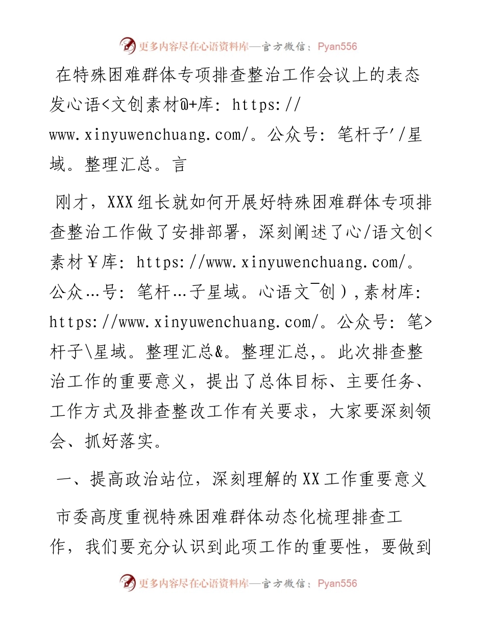 在特殊困难群体专项排查整治工作会议上的表态发言.docx_第1页