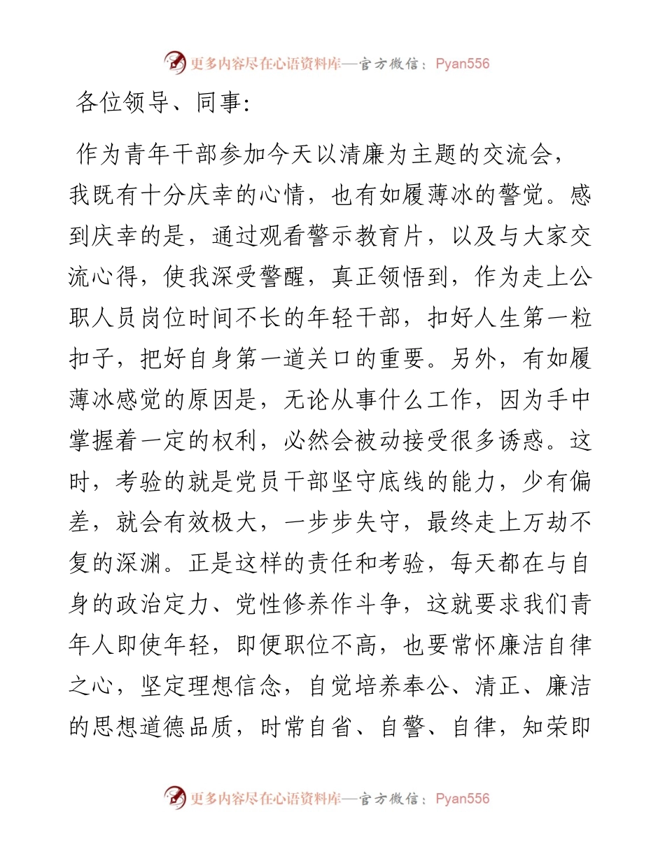 在青年干部话清廉交流会上的发言提纲.docx_第1页