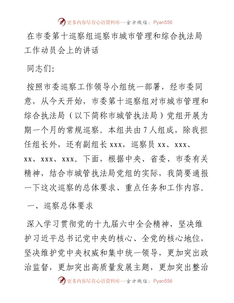 在市委第十巡察组巡察市城市管理和综合执法局工作动员会上的讲话.docx_第1页